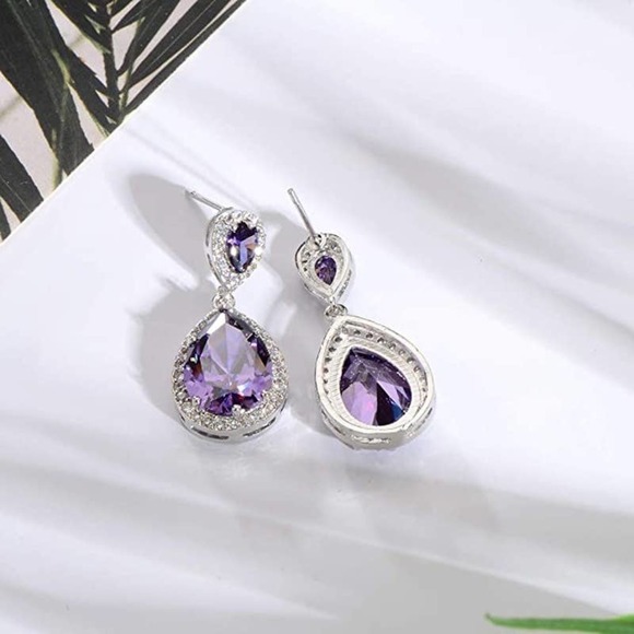 18k Plated Amethyst Teardrop CZ Crystal Zircon Rhinestone Necklace Earrings Set - Picture 5 of 6